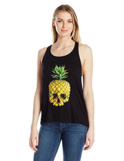 Clementine Women's Petite Plus Pineapple Skull Printed Flowy Racerback Tank - Clementine Apparel