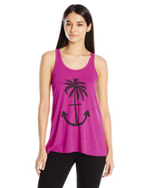 Clementine Women's Ladies' Anchor Palm Design Printed Flowy Racerback Tank - Clementine Apparel